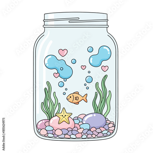 Whimsical aquarium in glass jar with fish, starfish, hearts and bubbles creating a dreamy aquatic