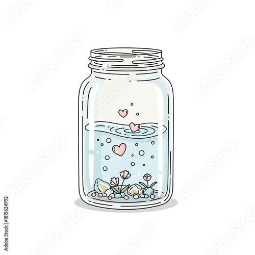 Whimsical jar filled with water, hearts, flora, and tiny pebbles capturing a dreamlike essence