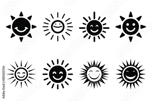 smiling sunburst silhouette icon set on the white background
