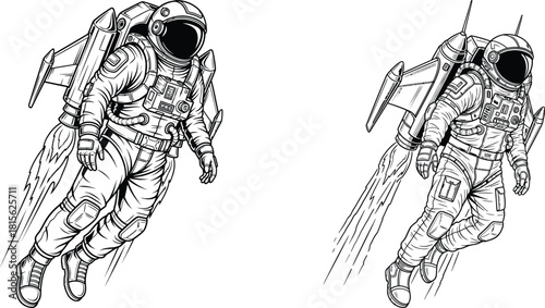 Detailed line art illustration of an astronaut wearing a jetpack flying through space with exhaust trails