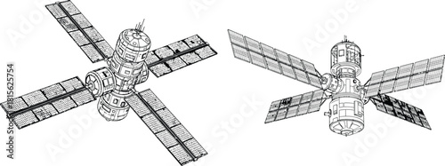 Detailed line art vector illustration showing two communication satellites with large solar panels for space exploration projects