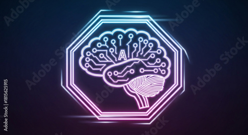 Futuristic glowing neon brain signifies AI technology, a modern concept perfect for presentations, tech blogs, and innovative business ventures exploring machine learning