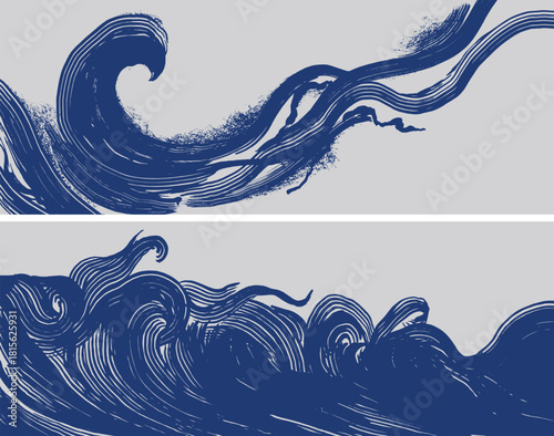 Hand drawn brush stroke set of dynamic ocean wave abstract background, Japanese and tribal wood carving, block print texture graphic for textile, banner, 