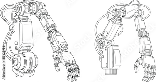 Detailed line illustration of advanced industrial robotic arms with visible joints and wiring