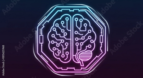 Futuristic neon brain illustration symbolizing artificial intelligence and machine learning, perfect for tech startups, innovative companies, and science projects