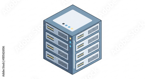 Streamlined server rack illustration for data storage solutions, offering scalable cloud services and robust cybersecurity for modern business IT infrastructure