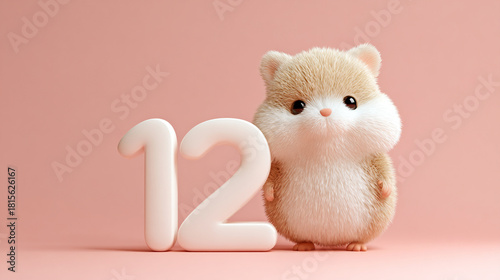 Cute animal with fluffy fur, adorable hamster, number twelve, pastel background, playful expression, cartoon style