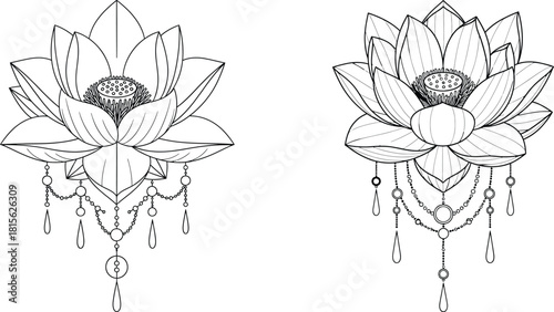 Elegant lotus flower illustration adorned with delicate hanging chains and decorative beads