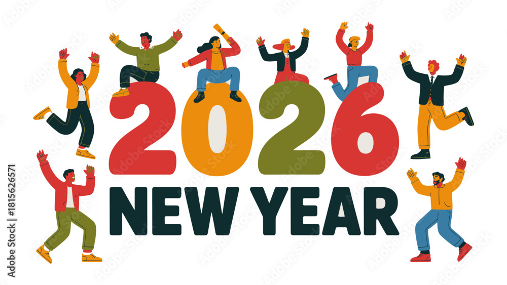Fototapeta premium Celebrating New Year 2026: Diverse figures gather atop vibrant numerals to ring in a fresh New Year, brimming with optimism and festive cheer. 