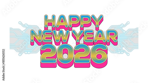 Celebrating the Dawn of 2026: An eye-catching graphic design announces the arrival of the new year with a vibrant and playful typographic treatment and futuristic visual elements.