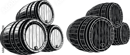 Group of stacked wooden barrels in vintage line art and solid silhouette styles for beverage storage