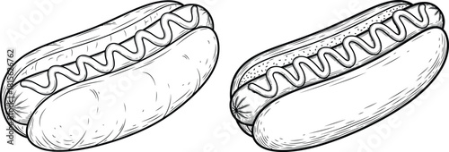 Hand drawn outline illustration of two classic hot dogs topped with zigzag condiments