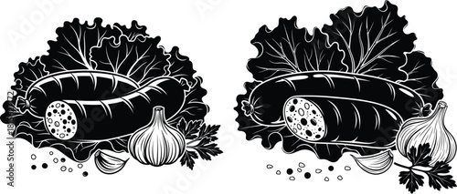 Monochrome illustration of a cooked sausage link with fresh lettuce, garlic, and parsley for a savory meal
