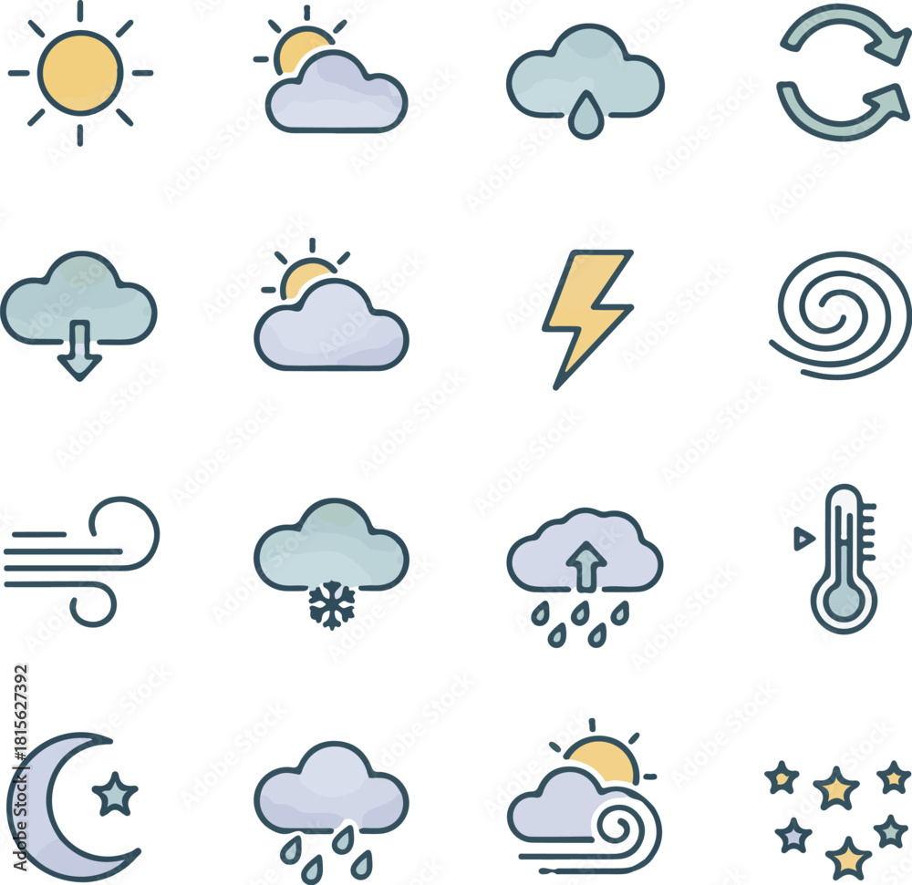 Obraz premium Modern line-art weather icons with subtle gradients.eps