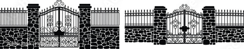 Ornate stone wall and wrought iron gate combination with intricate scrollwork and decorative fence sections