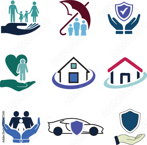 Collection of insurance and protection icons including family, house, car, and shield symbols