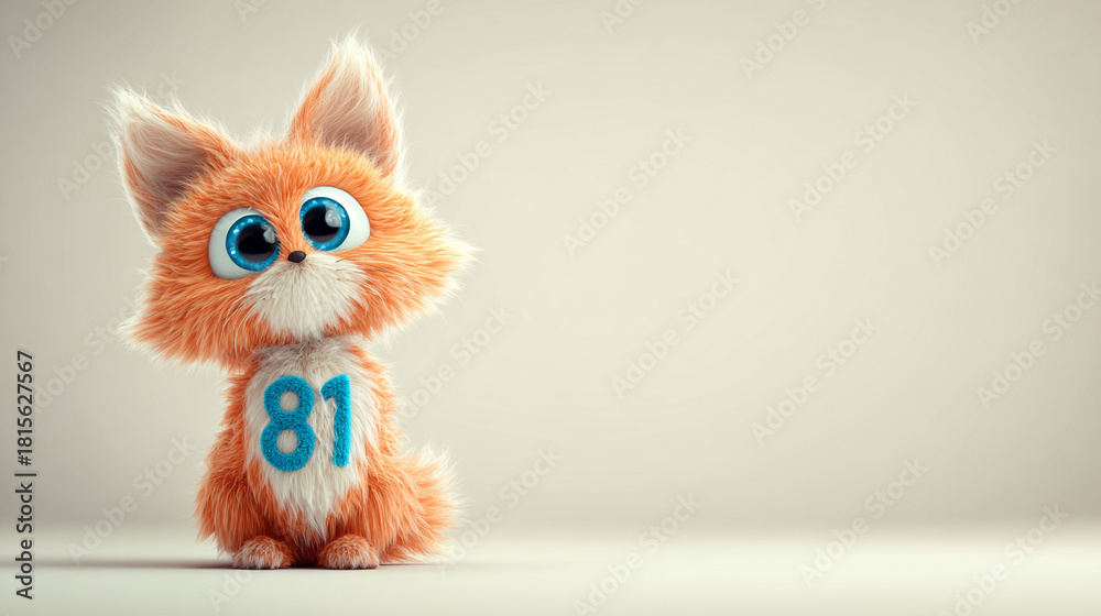Fototapeta premium Cute orange animal with big blue eyes and fluffy fur, featuring number 81 on its chest, exuding playful charm