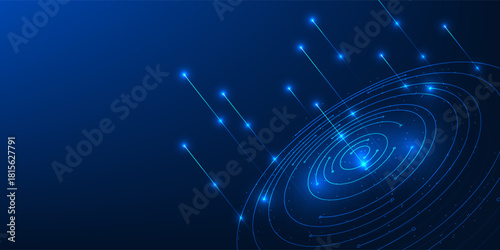 Quantum Technology Background, Circular Data with Rising Light Lines, Process Information Flow, Futuristic Computing, Digital Network Energy, Quantum Data Visualization