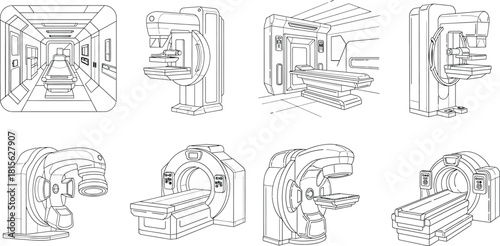 Precise line art showing various medical diagnostic machinery and hospital room interiors essential for healthcare facility visuals