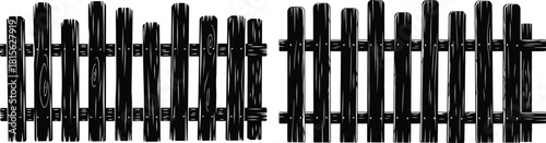 Pair of solid black silhouette picket fences displaying distinct board tops for property delineation