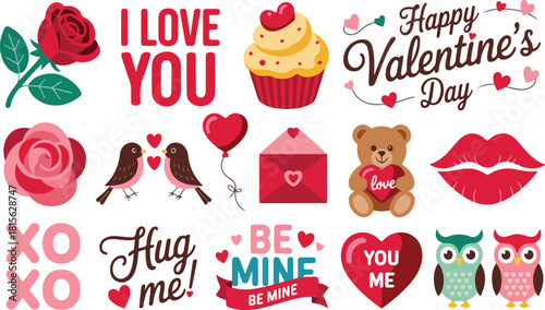 Set of Valentine's Day Icons including Roses, Cupcakes, Hearts, Love Birds, Envelope, Teddy Bear, Lips, and Typography