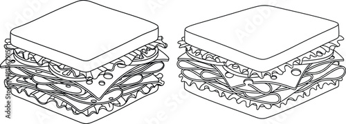 Two isometric sandwich drawings showcasing bread, fillings, and a stacked composition