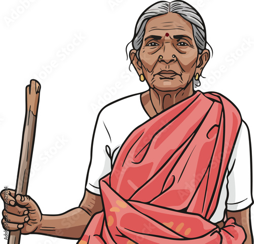 Indian elderly old woman holding a stick vector illustration