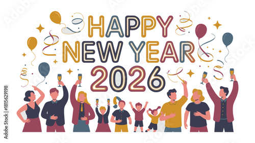 Festive Countdown to 2026: A vibrant ensemble joyfully welcomes the New Year, their spirits soaring with celebratory cheer amidst a flurry of balloons and confetti.