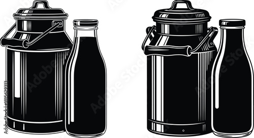 Vintage milk cans and bottles presented in detailed line art and striking solid black silhouette