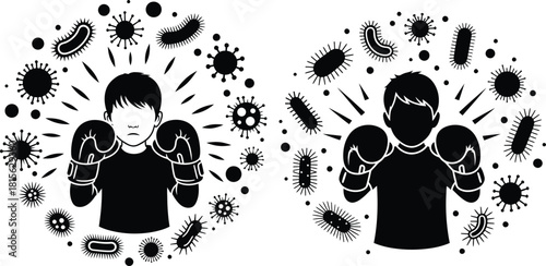 Young boy wearing boxing gloves fights off surrounding bacteria and virus microbes in a health illustration