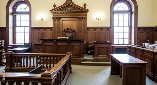 Interior of a traditional courtroom with wooden benches judge's bench and large arched windows