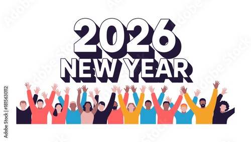 Year 2026: A vibrant ensemble of individuals welcomes the dawn of a New Year, their upraised arms a testament to the collective anticipation of the year 2026. 