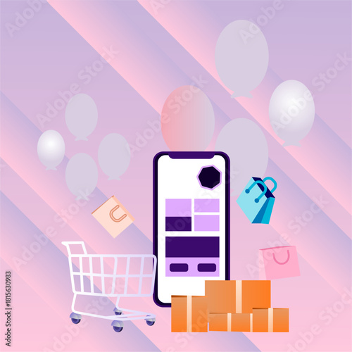 Online Shopping Illustration with Cart, Boxes, and Smartphone App