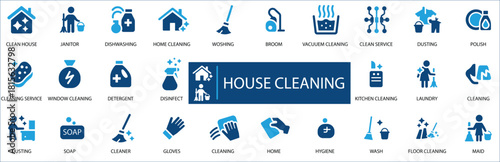 House Cleaning Icon Set. Features icons of concierge, maid, signs and silhouette. Perfect for cleaning service apps and hygiene infographics.
