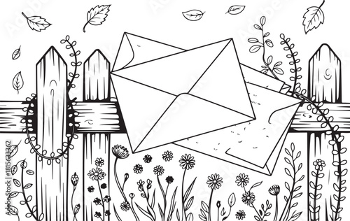 Letters & Fence Line Art | Floral Mail Illustration with Leaves & Countryside Details