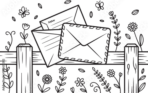 Letters & Fence Line Art | Floral Mail Illustration with Leaves & Countryside Details