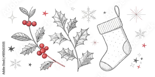 Charming hand-drawn Christmas elements with holly, snowflakes and stocking for festive seasonal designs and holiday cheer creation