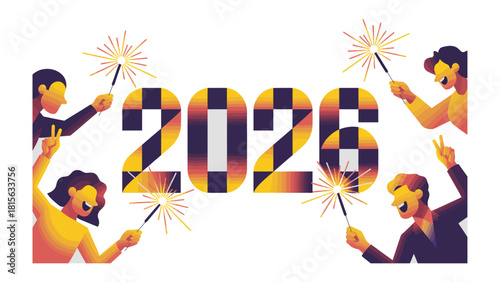 Celebration of New Year 2026:  Enthusiastic individuals holding sparkling wands gather around the year 2026, radiating happiness, joy, and anticipation of a hopeful new beginning.