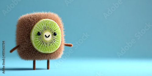 Cute fruit character made from kiwi with fuzzy brown exterior and cheerful expression, standing against blue background