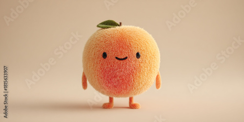 Cute fruit character made from peach, featuring soft fuzz and cheerful expression, perfect for playful designs