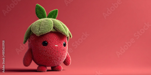Cute plush toy resembling strawberry with green leaf hat, standing against pink background, evoking playful and cheerful vibe