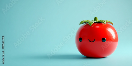 Cute tomato character with smiling face and green leaves, set against light blue background, evokes joy and playfulness