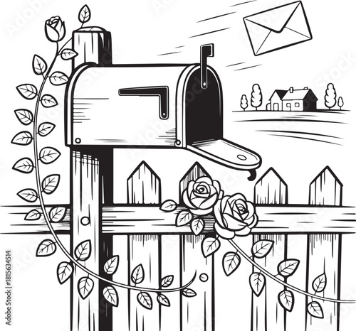 Letters & Fence Line Art | Floral Mail Illustration with Leaves & Countryside Details