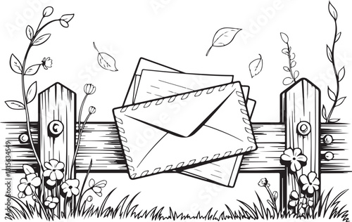 Letters & Fence Line Art | Floral Mail Illustration with Leaves & Countryside Details