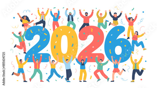 New Year's Cheer: An illustrated scene of cheerful figures celebrating the arrival of 2026, conveying the spirit of optimism and joy.