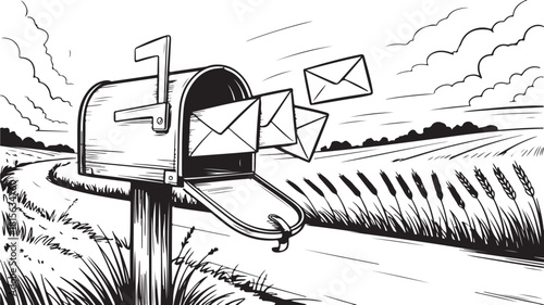 Rainy Mailbox Line Art | Raindrops, Wet Landscape & Nature Outline Scene