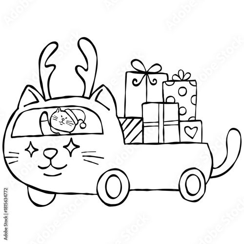 christmas santa cat. Festive cat car carrying cartoon gifts and decorations.