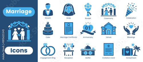 Wedding & Marriage Vector Icons Set – Bride, Groom, Rings, Cake, Ceremony & Celebration Graphics