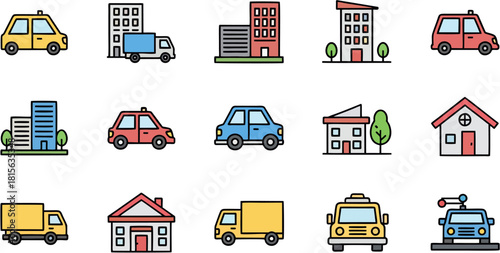 Urban Transportation and Real Estate Flat Outline Icon Set