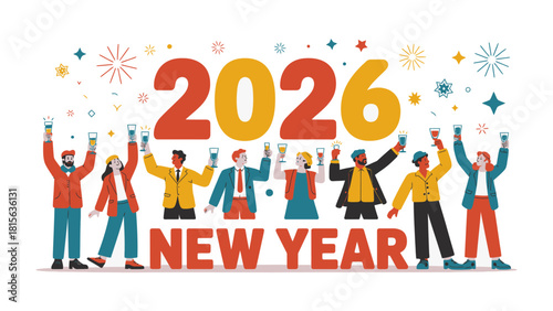 Cheers to the Future: a joyful celebration with fireworks and raised glasses to welcome the new year of 2026. This festive graphic symbolizes togetherness and new beginnings